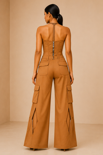 Desert Camel Zip-Up Corset Top & Cargo Pants Co-Ord Set