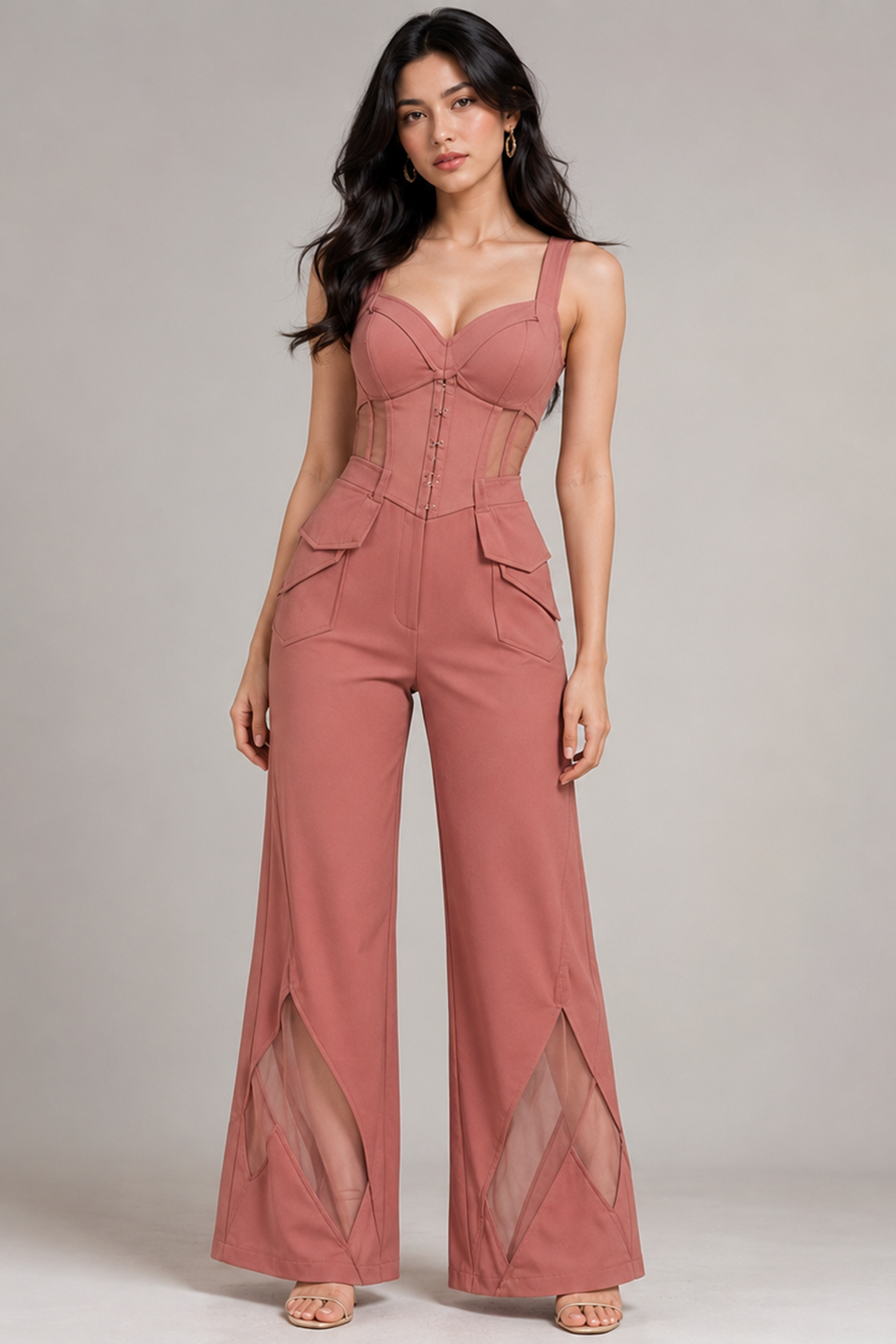 Dusty Rosewood Mesh Insert Corset & Wide-Leg Pants Co-Ord Set Main image