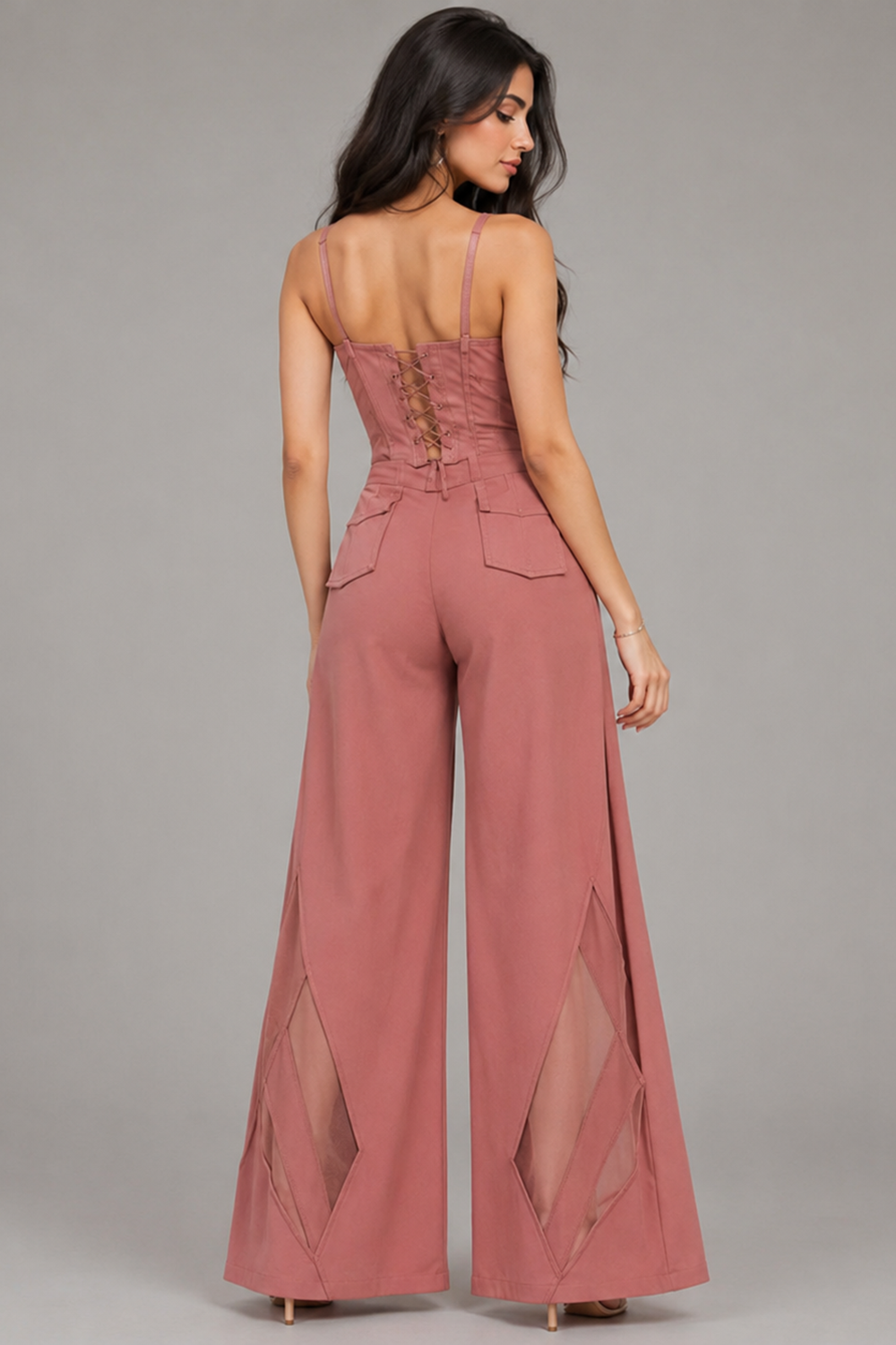 Dusty Rosewood Mesh Insert Corset & Wide-Leg Pants Co-Ord Set Secondary image