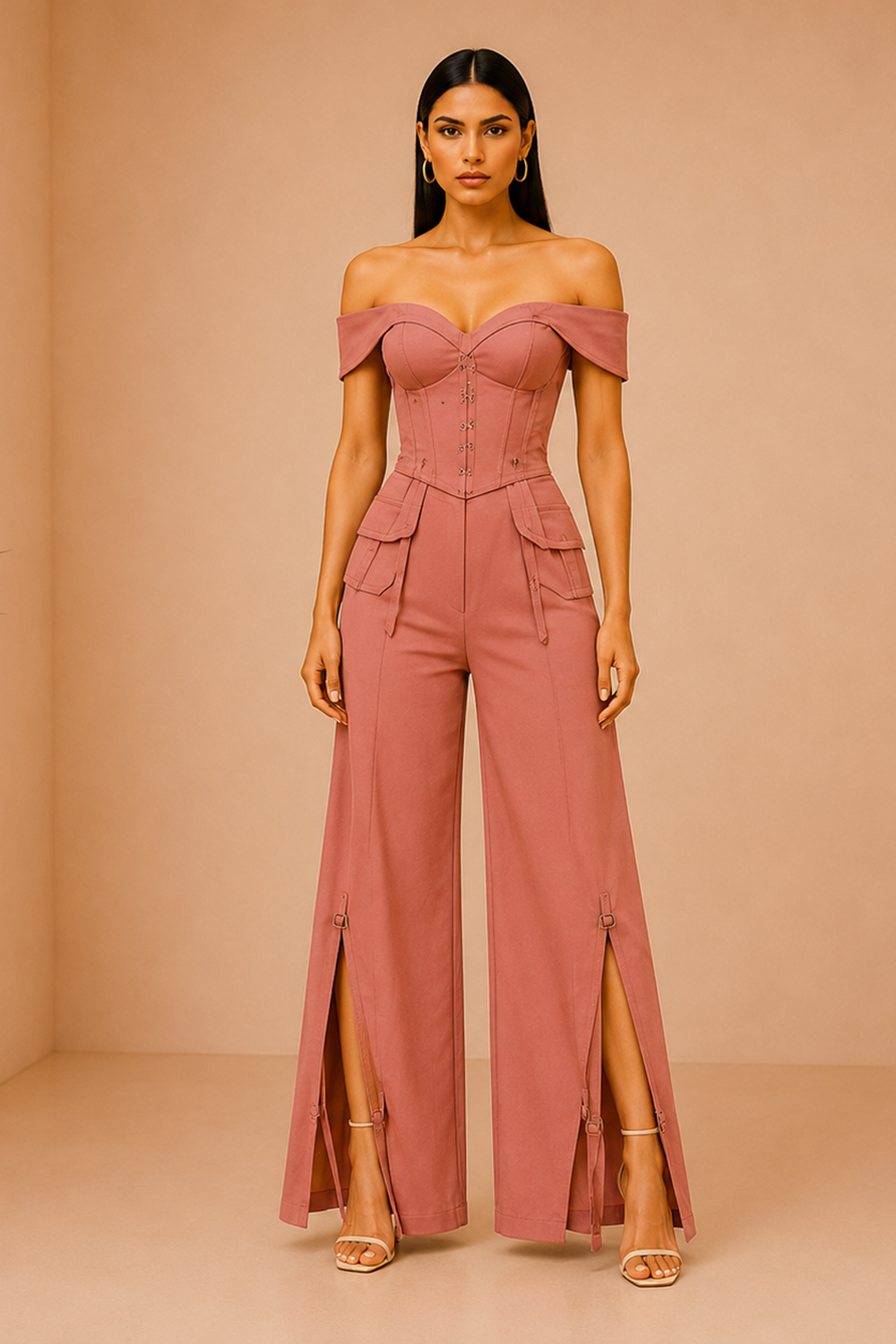 Dusty Rosewood Off-Shoulder Corset Top & Wide-Leg Pants Co-Ord Set Main image