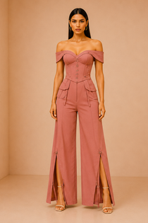 Dusty Rosewood Off-Shoulder Corset Top & Wide-Leg Pants Co-Ord Set