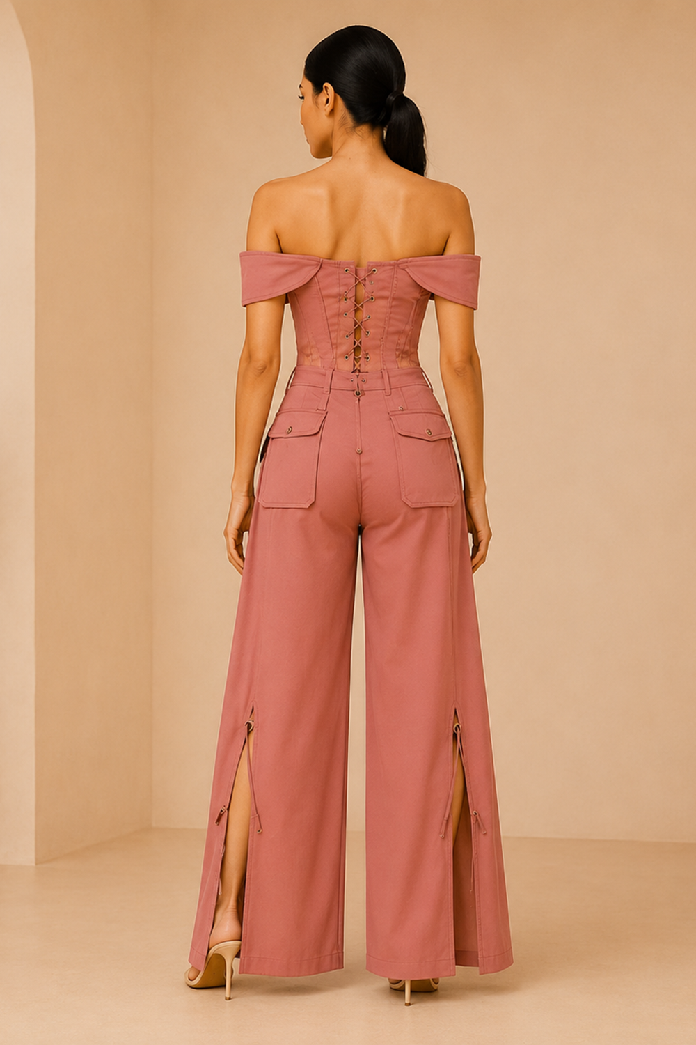 Dusty Rosewood Off-Shoulder Corset Top & Wide-Leg Pants Co-Ord Set Secondary image