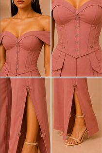 Dusty Rosewood Off-Shoulder Corset Top & Wide-Leg Pants Co-Ord Set