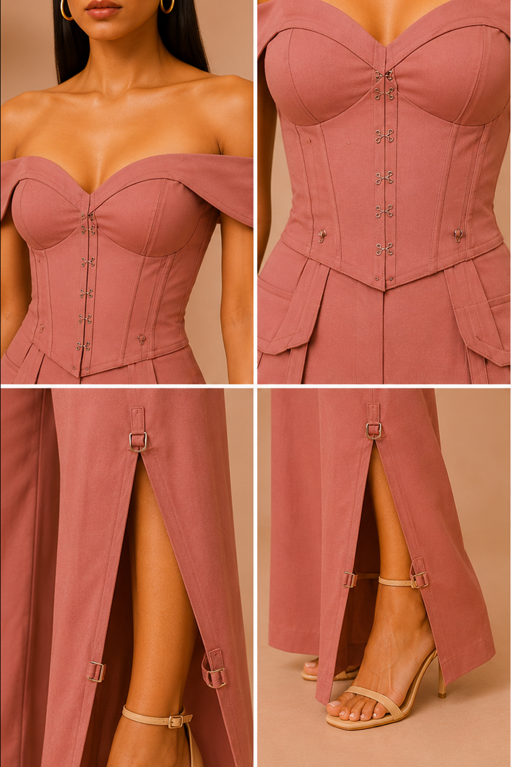 Dusty Rosewood Off-Shoulder Corset Top & Wide-Leg Pants Co-Ord Set