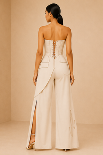 Ivory Sand Strapless Corset Top & Drape Wide-Leg Pants Co-Ord Set