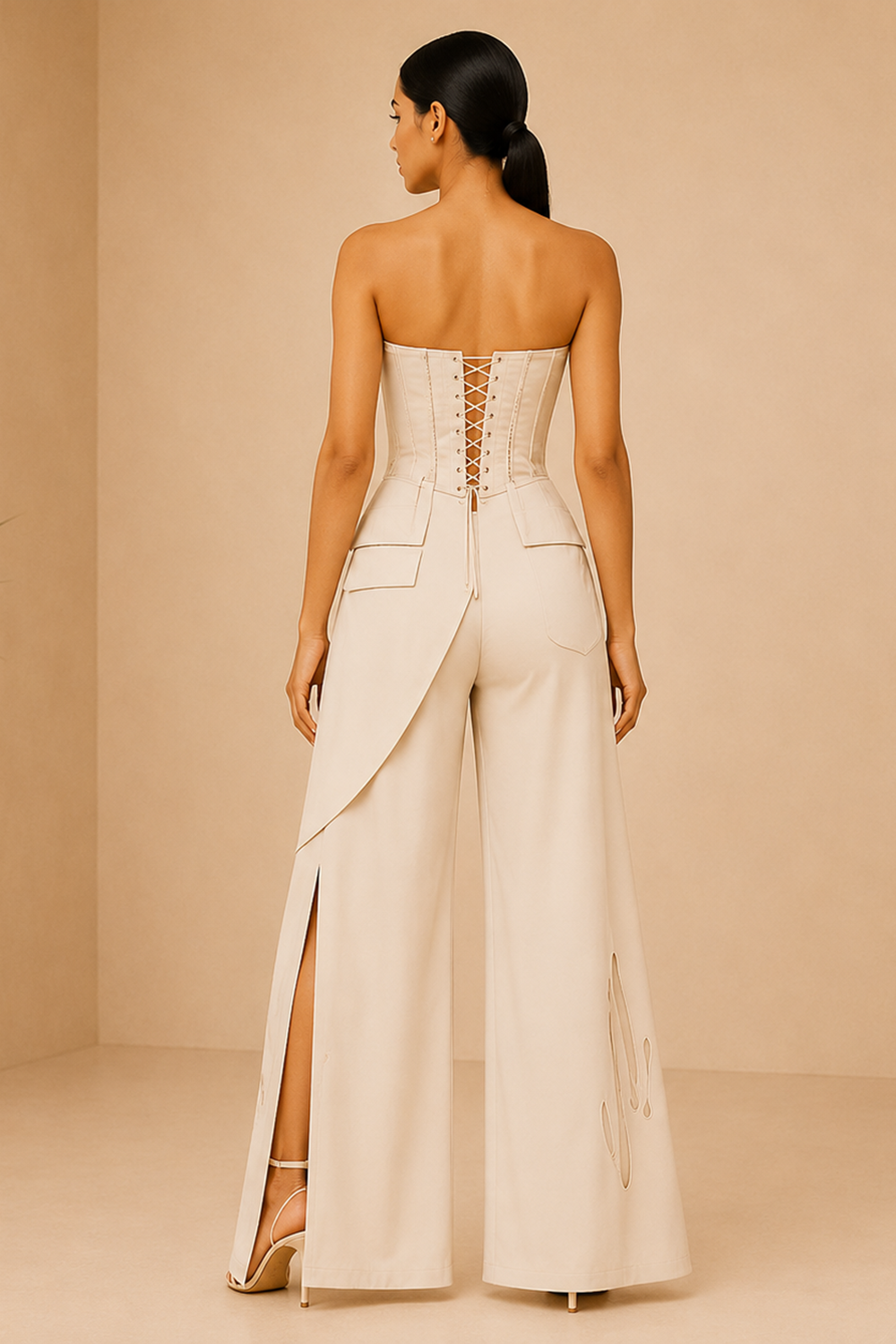 Ivory Sand Strapless Corset Top & Drape Wide-Leg Pants Co-Ord Set Secondary image