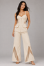 Ivory Corset Peplum Top with Wide-Leg Mesh Panel Pants Co-Ord Set