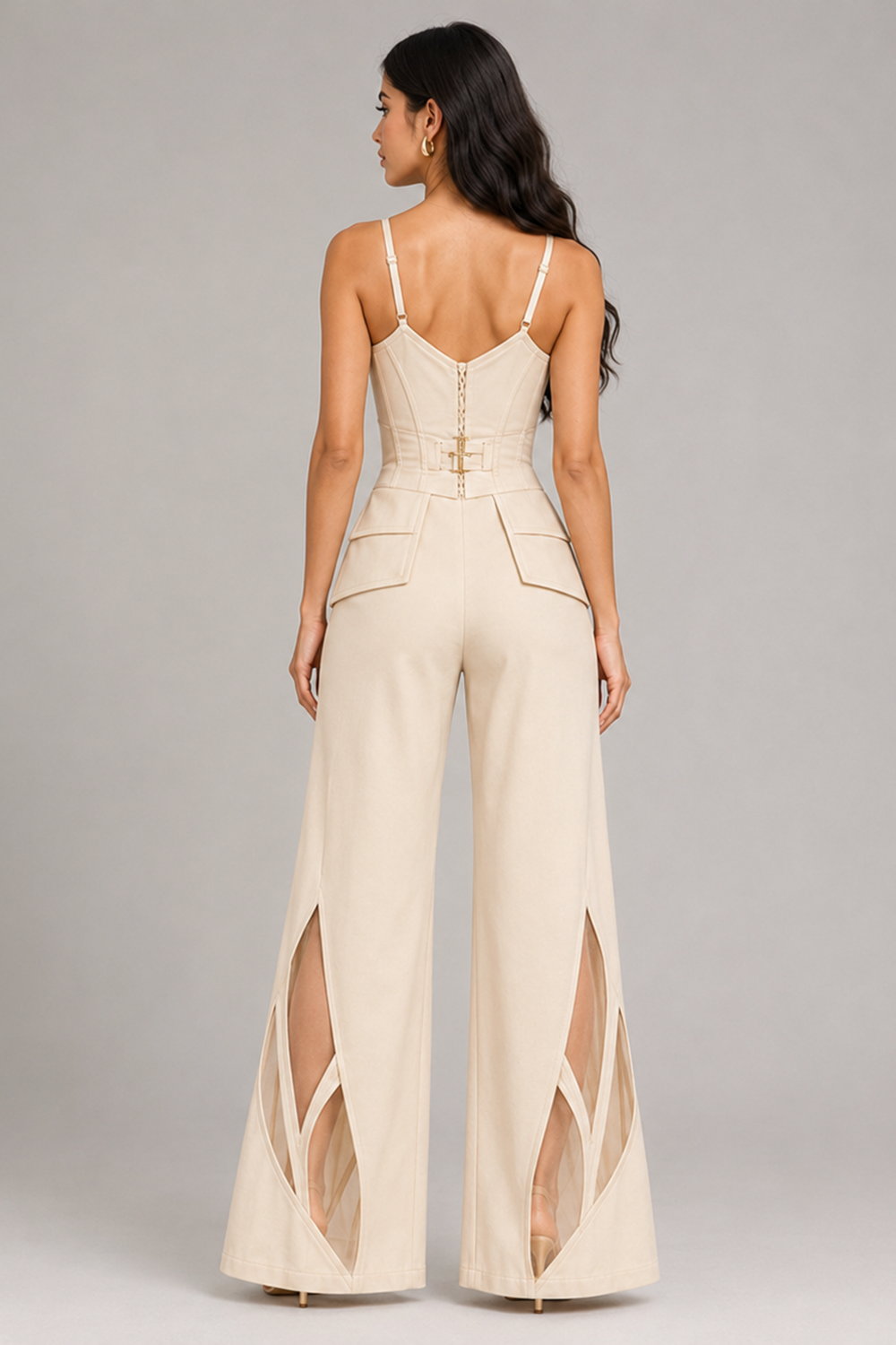 Ivory Corset Peplum Top with Wide-Leg Mesh Panel Pants Co-Ord Set Secondary image