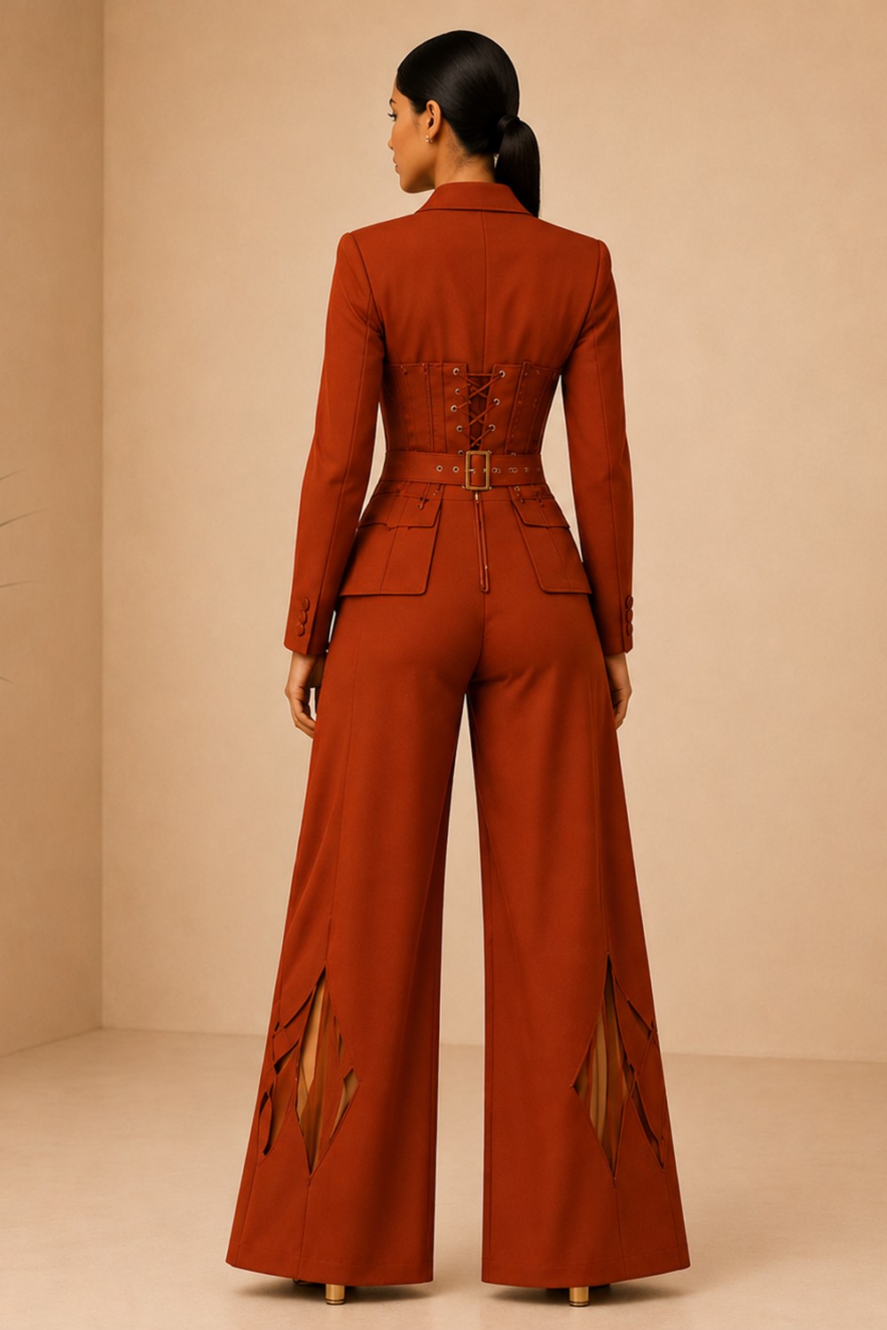 Luxury Rust Blazer Set with Cutout Wide-Leg Trousers Secondary image