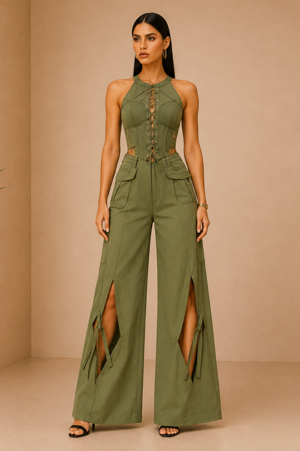 Matcha Green Lace-Up Corset Top & Wide Flare Pants Co-Ord Set Main image
