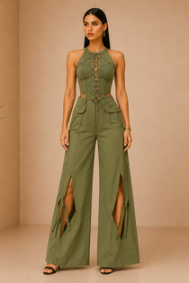 Matcha Green Lace-Up Corset Top & Wide Flare Pants Co-Ord Set