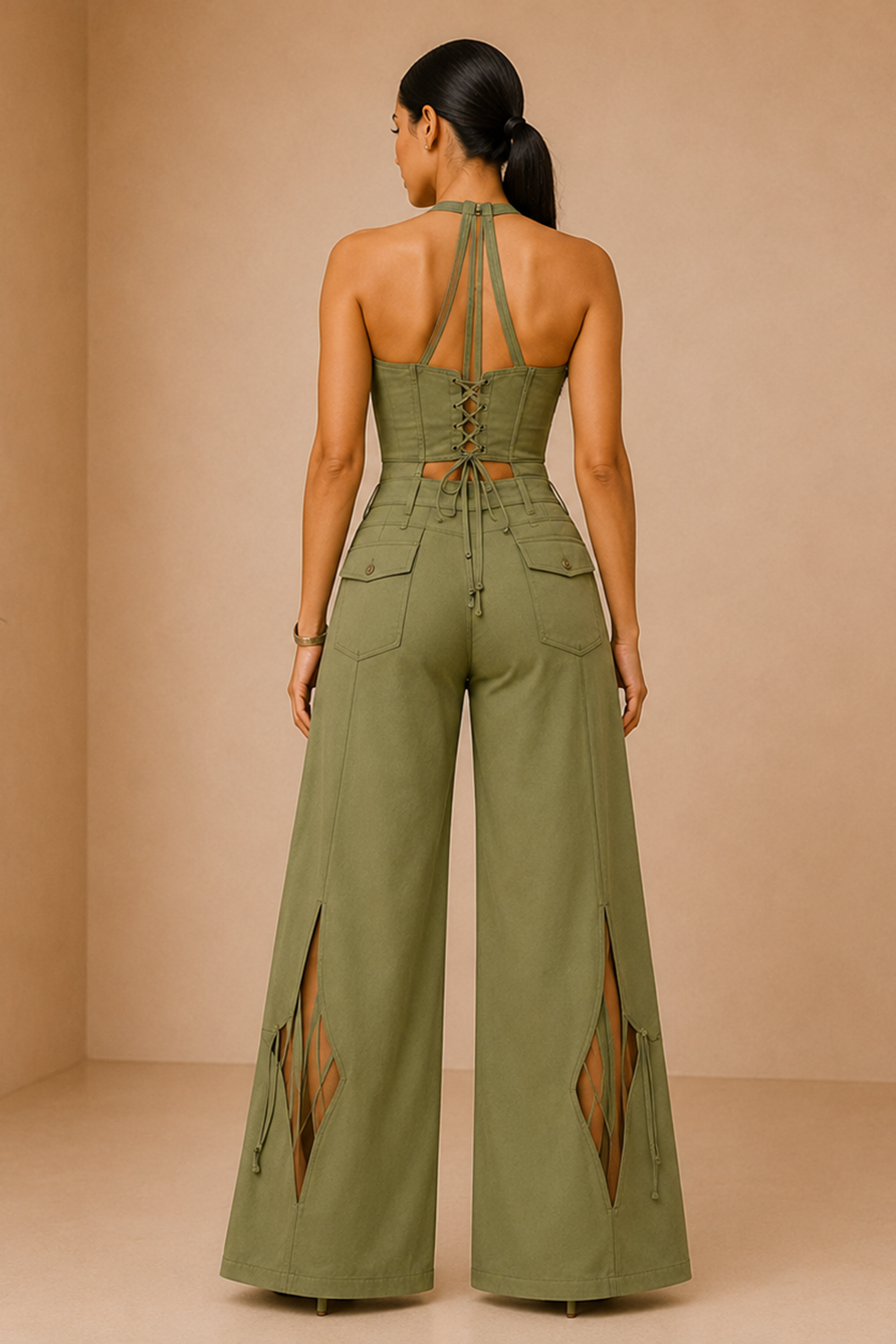 Matcha Green Lace-Up Corset Top & Wide Flare Pants Co-Ord Set Secondary image