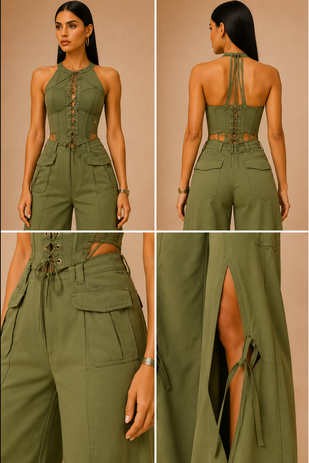 Matcha Green Lace-Up Corset Top & Wide Flare Pants Co-Ord Set