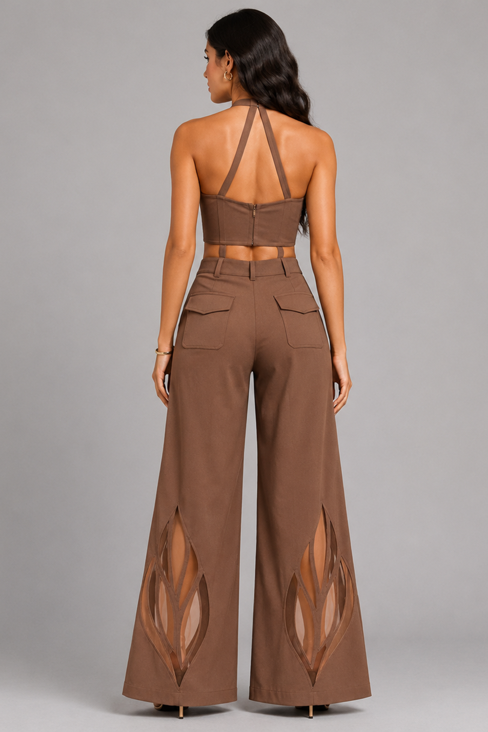 Mocha Mousse Strap Detail Halter Corset & Wide-Leg Pants Co-Ord Set Secondary image