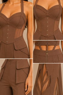 Mocha Mousse Strap Detail Halter Corset & Wide-Leg Pants Co-Ord Set