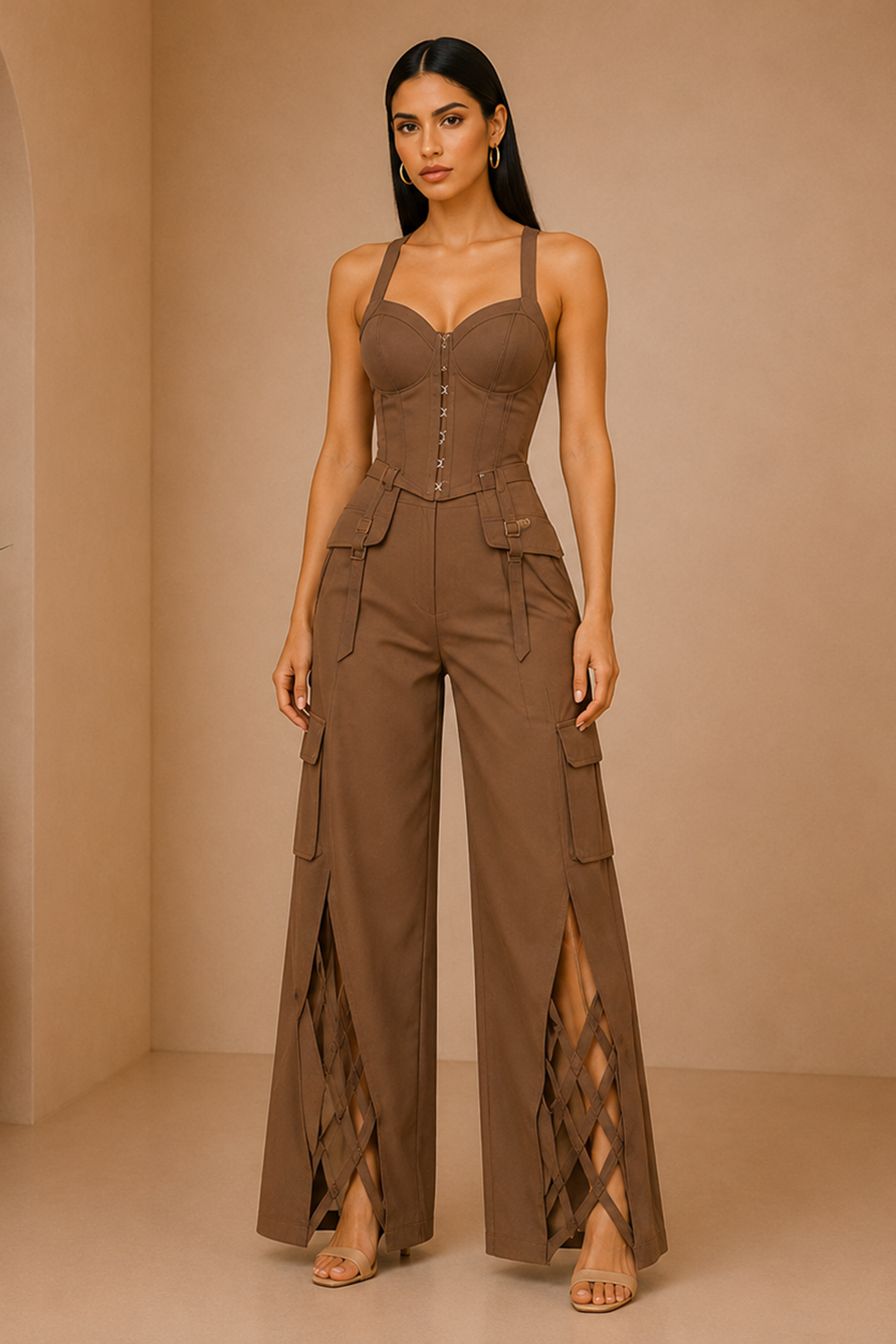 Mocha Mousse Utility Corset & Wide-Leg Pants Set Main image