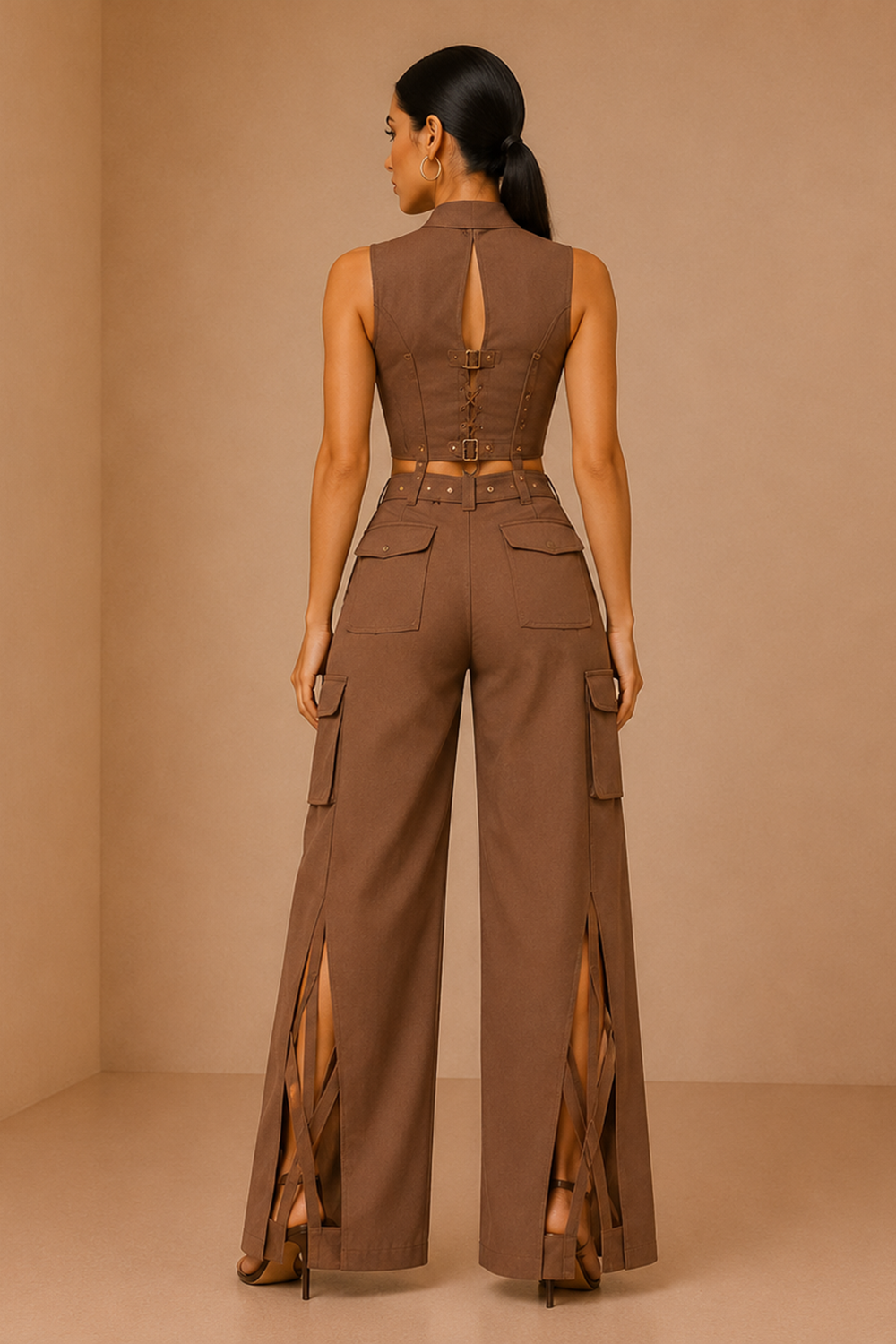 Mocha Mousse Utility Corset & Wide-Leg Pants Set Secondary image