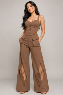 Mocha Brown Corset Top with Wide-Leg Mesh Cut-Out Pants Co-Ord Set