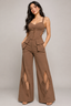 Mocha Brown Corset Top with Wide-Leg Mesh Cut-Out Pants Co-Ord Set