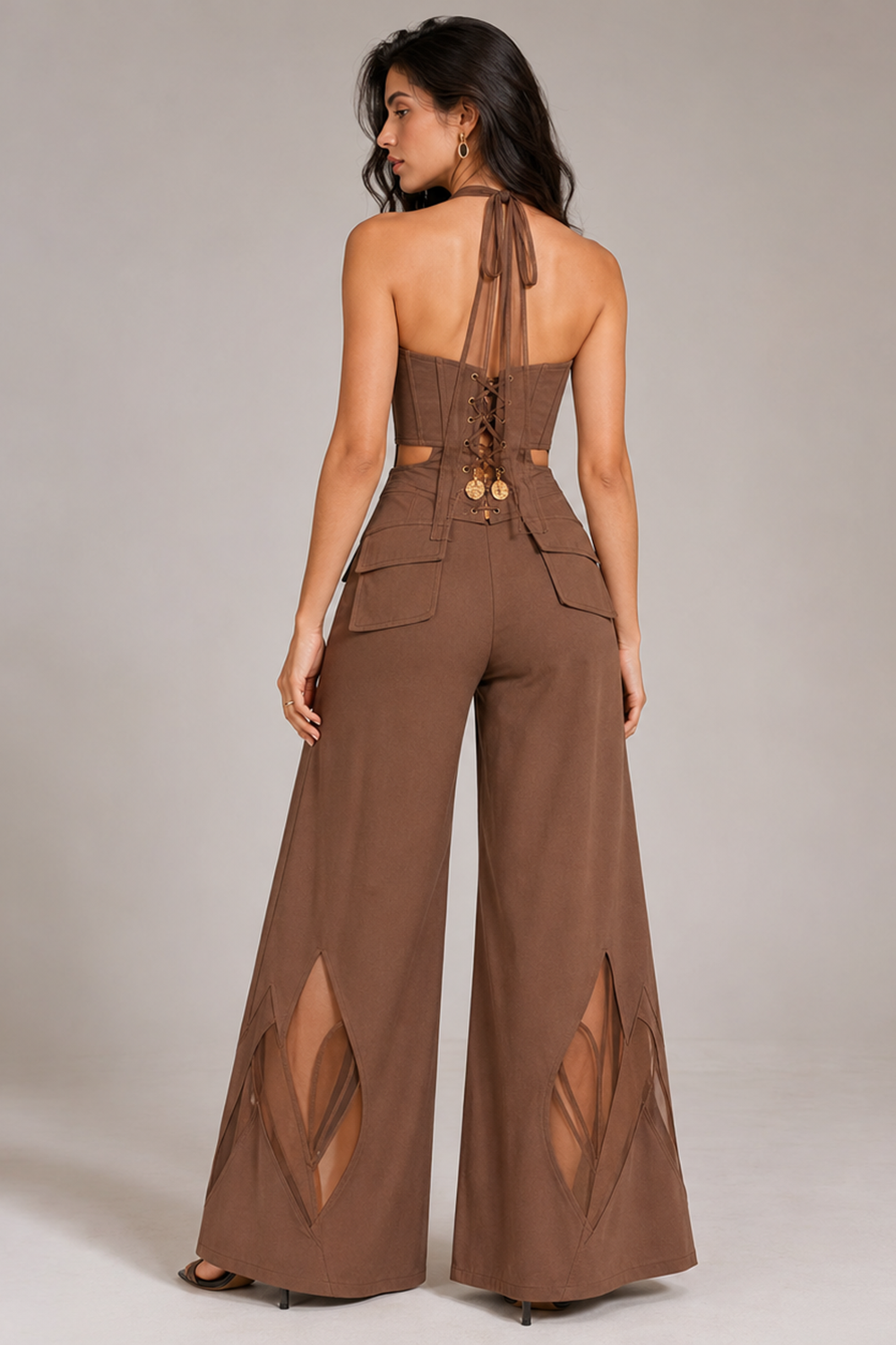 Mocha Brown Corset Top with Wide-Leg Mesh Cut-Out Pants Co-Ord Set Secondary image