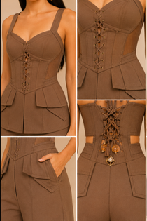 Mocha Brown Corset Top with Wide-Leg Mesh Cut-Out Pants Co-Ord Set