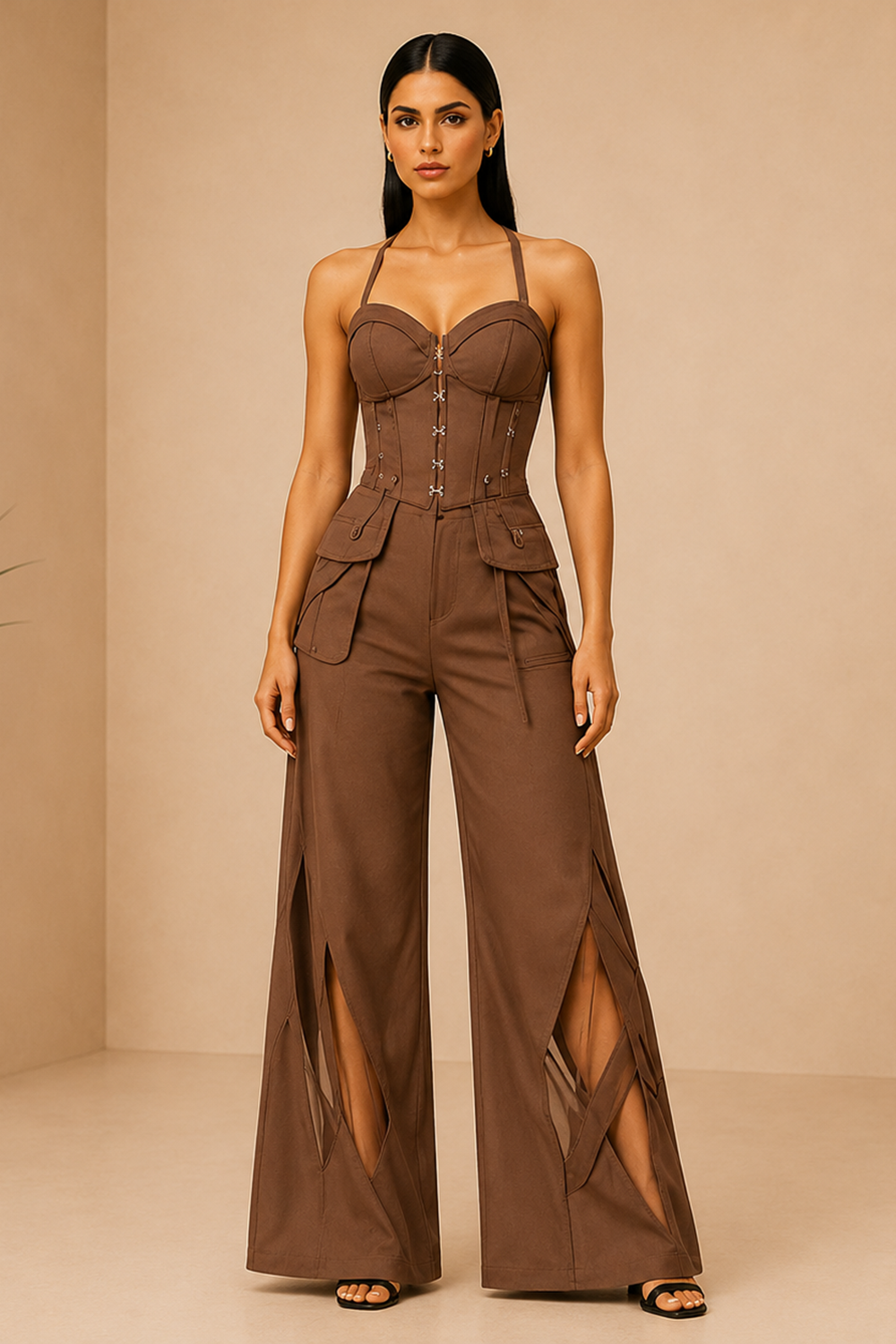 Modern Mocha Brown Corset Outfit with Statement Flare Trousers Main image