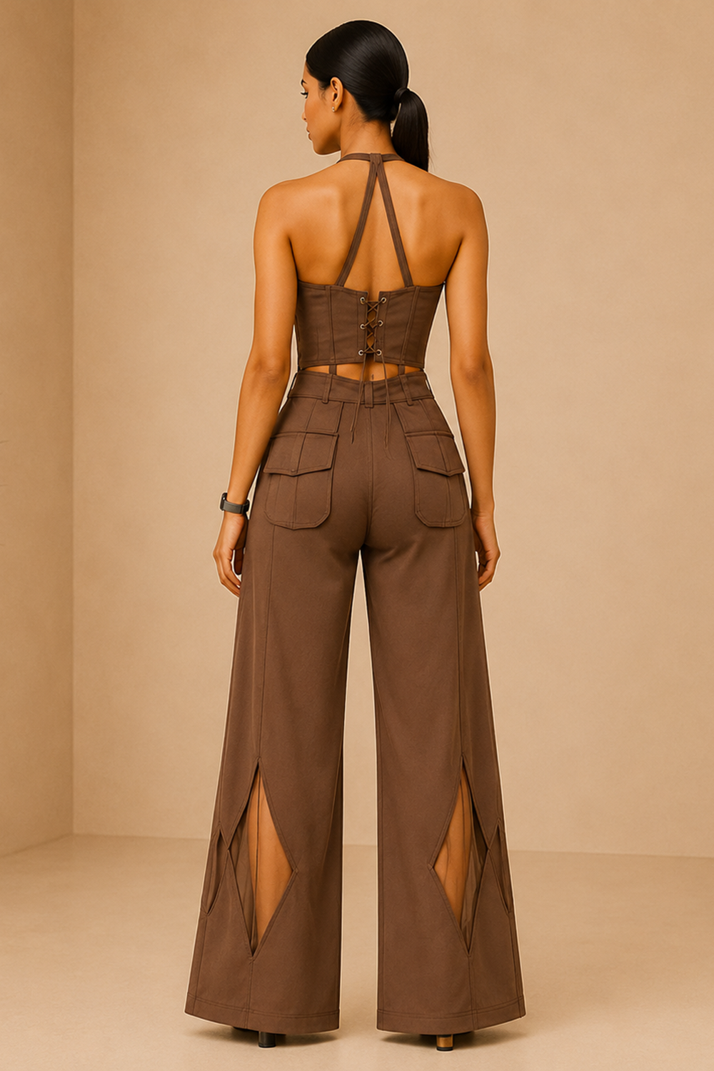Modern Mocha Brown Corset Outfit with Statement Flare Trousers Secondary image