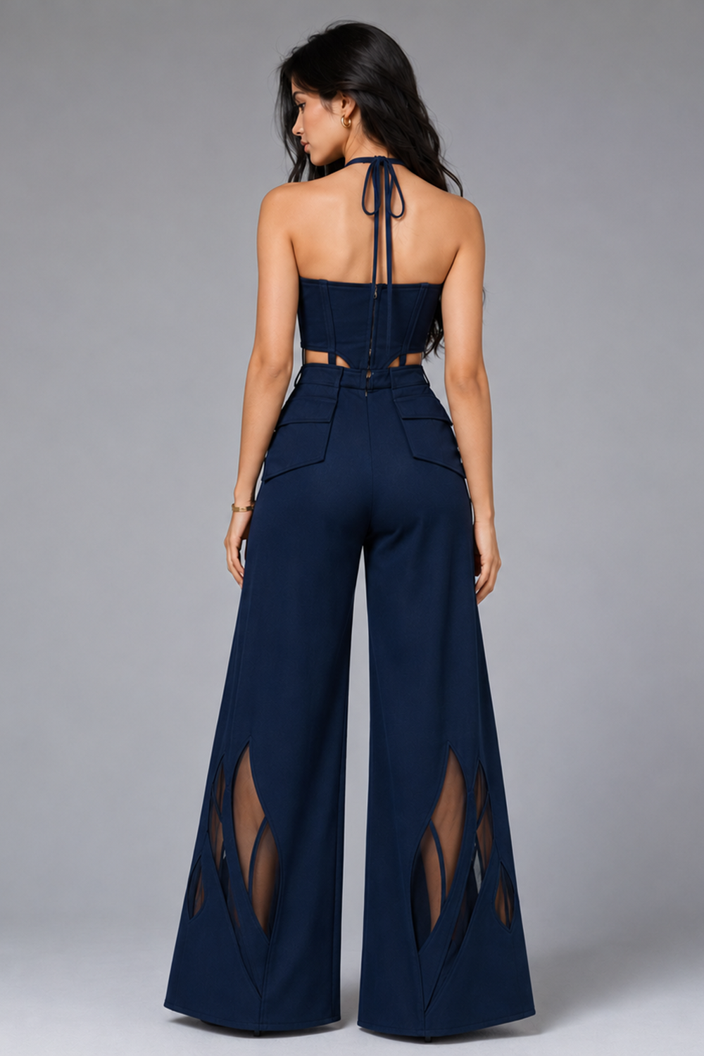 Navy Blue Zip Front Crop Top with Wide-Leg Mesh Panel Pants Co-Ord Set Secondary image