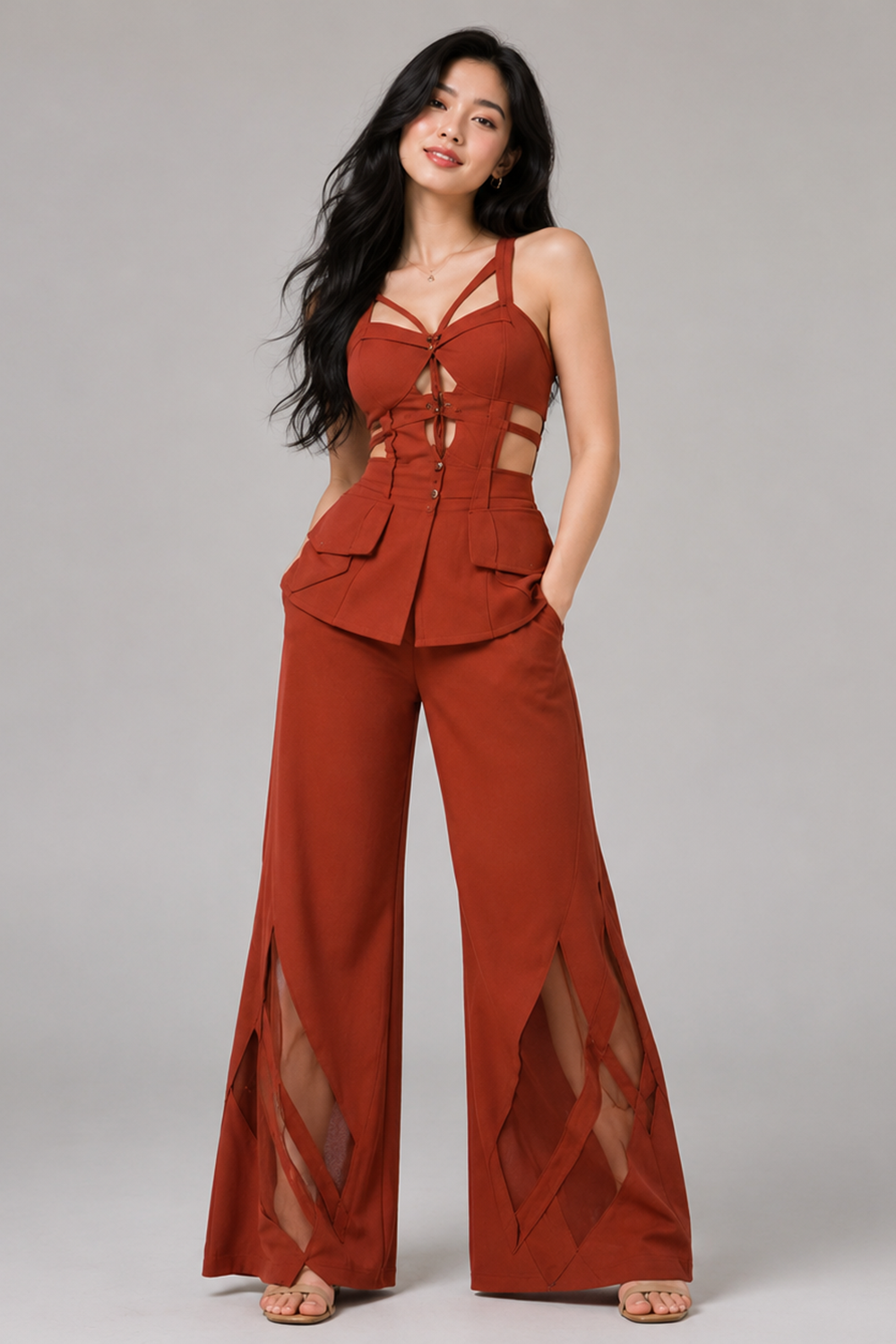 Rust Structured Sweetheart Corset Top & Wide-Leg Pants Set Main image
