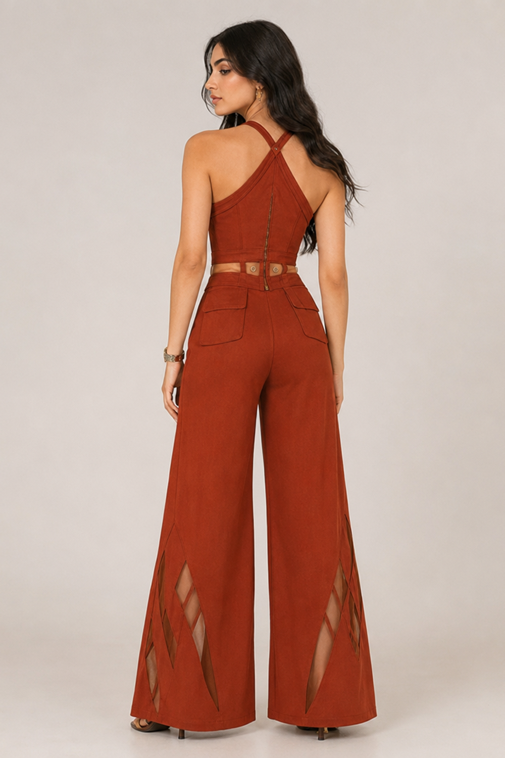 Rust Structured Sweetheart Corset Top & Wide-Leg Pants Set Secondary image