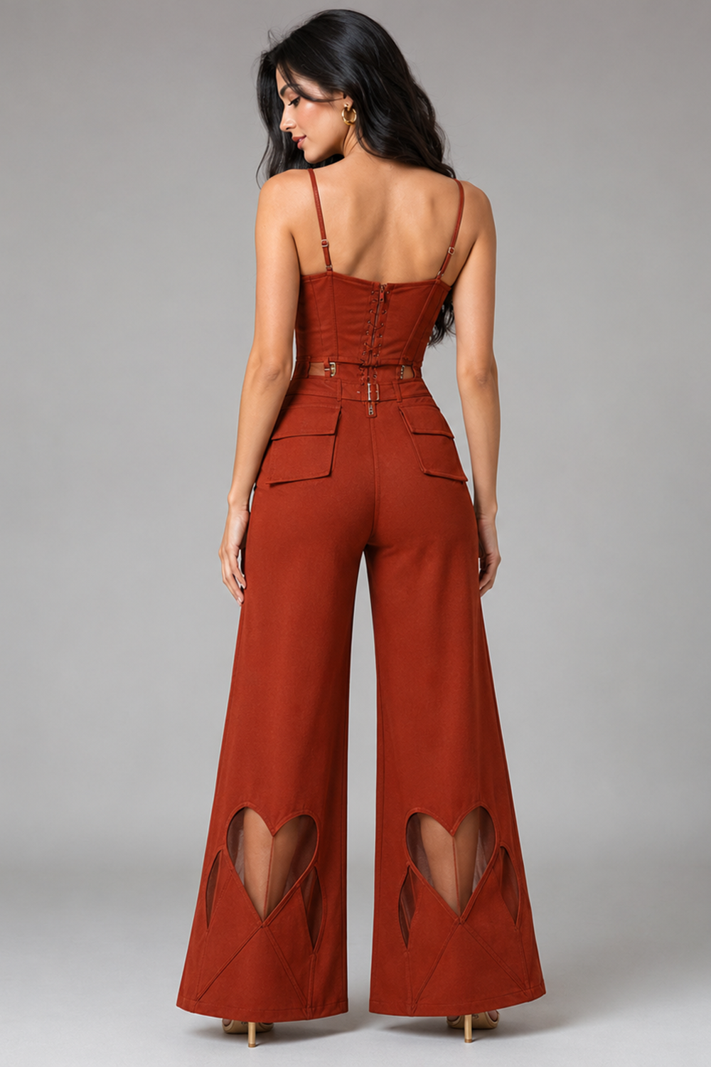 Rust Corset Peplum Top with Heart Cut-Out Wide-Leg Pants Co-Ord Set Secondary image