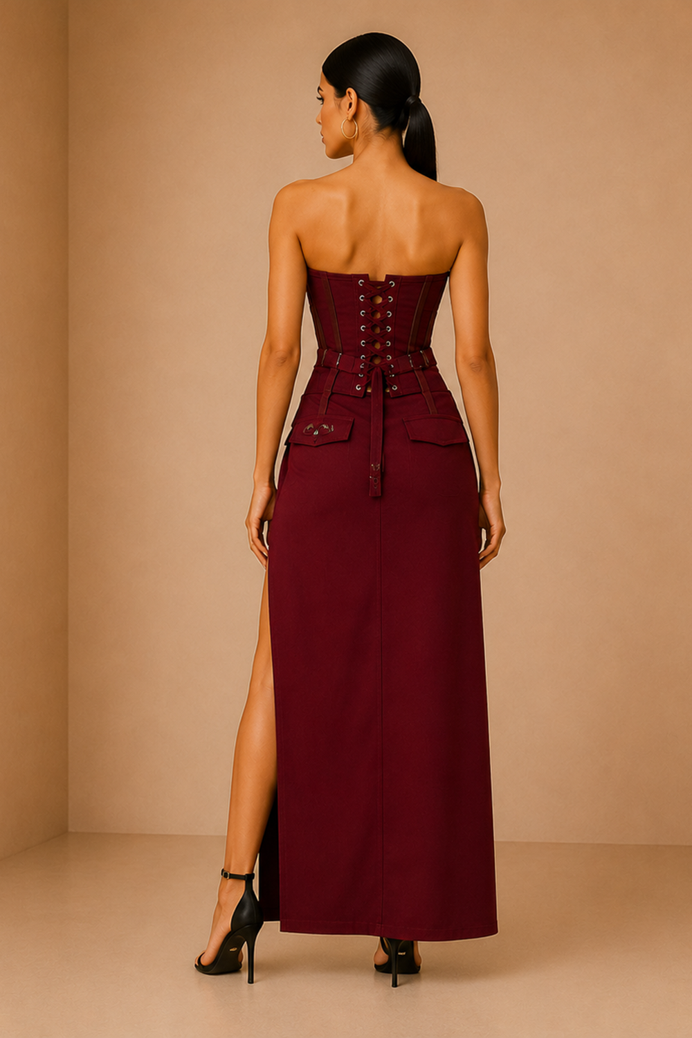 Wine Berry Corset Top & Thigh-High Slit Skirt Co-Ord Set Secondary image